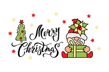 Handwritten lettering Merry Christmas and adorable gnome with gift box and christmas tree on white background. Vector illustration.