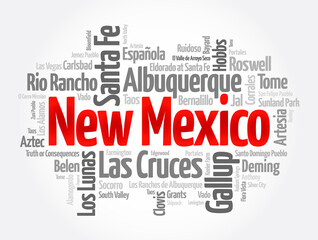 List of cities in New Mexico USA state, word cloud concept background