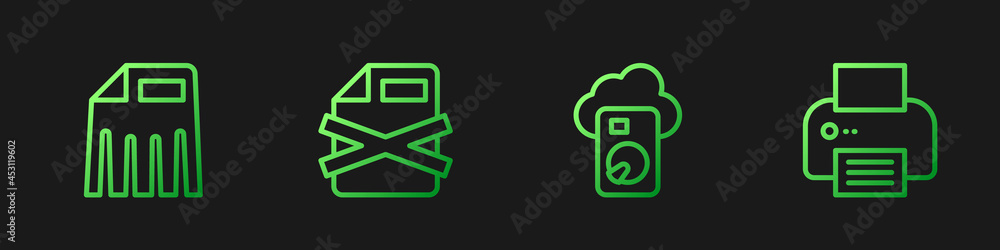 Poster set line cloud database, paper shredder, delete file document and printer. gradient color icons. vec