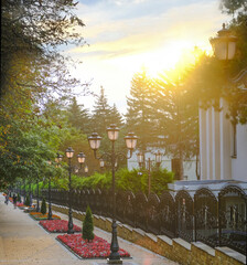 An alley in a city park. Stunning landscape.. Autumn landscape, colorful autumn nature in nice sunny weather at sunset. Selective focus.