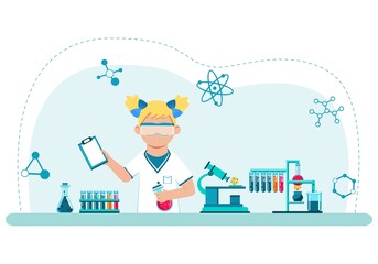 Schoolgirl in a chemistry lesson. Back to school. Education. Cartoon style. Vector.