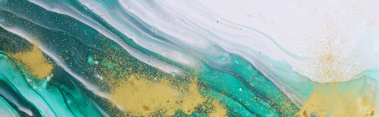 art photography of abstract marbleized effect background with white, gold and green creative...