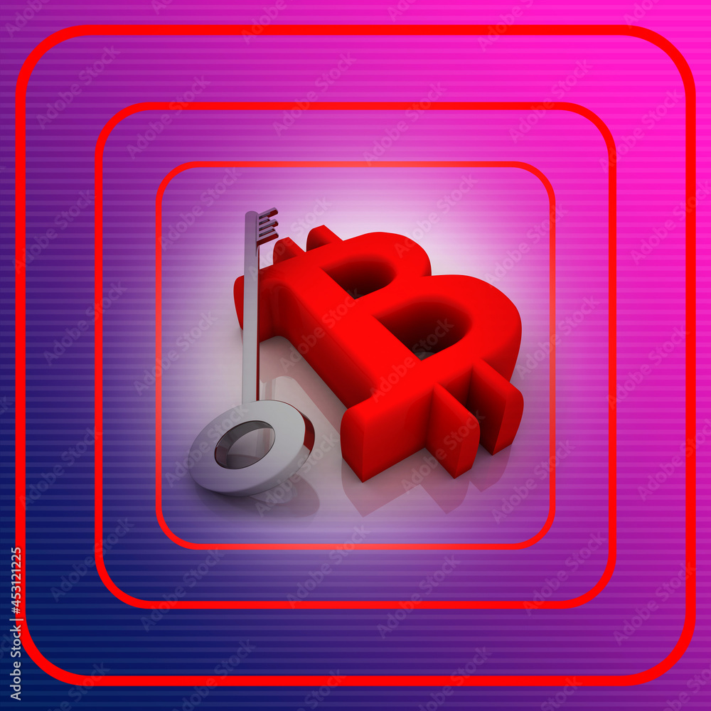 Poster 3d rendering bitcoin sign currency with key