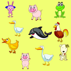 Domestic animals with rabbit, pig, frog, duck, whale, chicken, rooster, dog flat icon color collection set