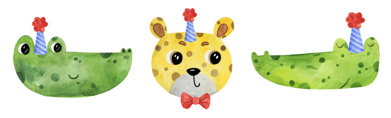 Cute watercolor cartoon childish animal characters cut out clip art isolated on white background. Funny party hat, caps on faces. Friends holiday.