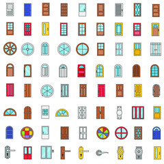 Doors and windows flat icon color collection set