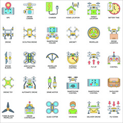 Drone elements color flat icon collection set