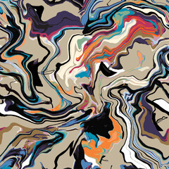 Marble texture seamless pattern. Yellow, orange, black, beige abstract background. Seamless liquid fluid. Ebru style effect. Aqua ink print .Vector