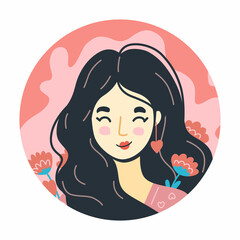 Happy smiling woman in love. Round cartoon portrait and avatar of young woman with pink flowers. Flat hand-drawn vector illustration