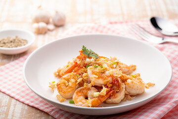 Stir Fried Shrimp with Garlic ,Thai Style Food(Goong Pad Kratiem Prik Thai)