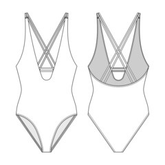 Fashion technical drawing of one-piece swimsuit with straps