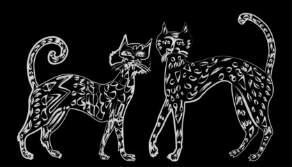 Contour drawing of watercolor brush of  fairy tale decorative domestic cats