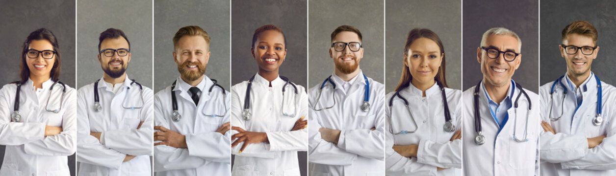Team of happy confident multi cultural multiracial mixed race nurses and doctors in white medical lab coats with stethoscopes. Horizontal panoramic banner design, lots of studio head shot pictures