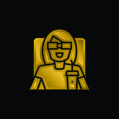 3d Movie gold plated metalic icon or logo vector