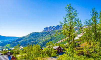 Fototapeta na wymiar Beautiful panorama Norway Hemsedal Skicenter with Mountains cabin and huts.