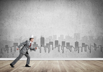 King businessman in elegant suit running and drawn cityscape silhouette at background