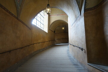Corridor inside Cesky Krumlov Castle during summer in Český Krumlov (Cesky Krumlov), a town in the South Bohemian Region, Czech Republic, a UNESCO World Heritage Site, Gothic, Renaissance and Baroq