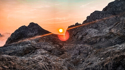 Sunset in the mountains and stunning sun effect, Picos de Europa