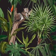 Seamless pattern with exotic trees, plants, flowers and leopard jaguar animals on black background.	