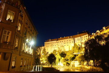 Fototapeta premium Night town view with during summer in Český Krumlov (Cesky Krumlov), a town in the South Bohemian Region, Czech Republic, a UNESCO World Heritage Site, Gothic, Renaissance and Baroq