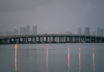 city skyline bridge cloudy day lights reflection sea miami 