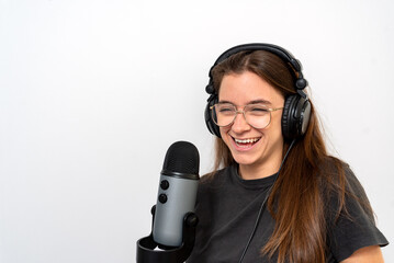 Young latin female announcer against white background