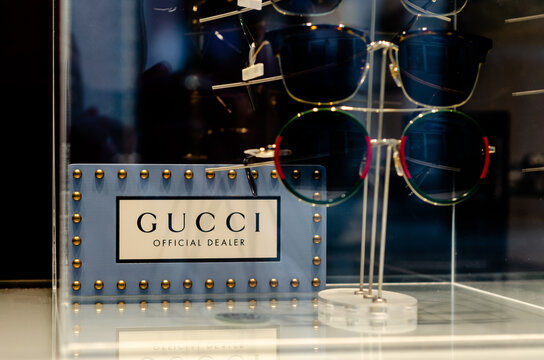 Soest, Germany - August 23, 2021:  GUCCI Glasses In The Shop Window.