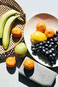 Overhead view of arrangement of assorted fruits