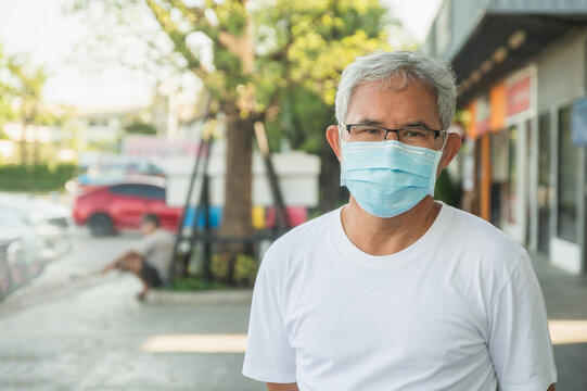 Older Man Wear Face Mask Protect Coronavirus Covid19 At The Public City