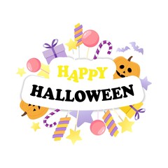 Happy Halloween text on a background with candy. Good for card, logo, invitation. Vector illustration