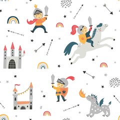 Childish seamless pattern with knight, dragon and castle. Perfect for kids design, fabric, wrapping, wallpaper, textile, apparel
