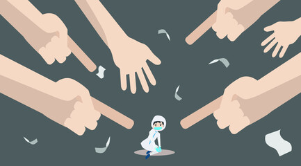 The illustrate of Hand pointing at Medical Staff in PPE suit.