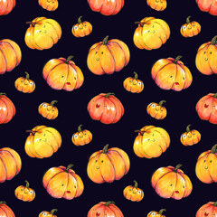 seamless watercolor pattern with funny pumpkins on colored background