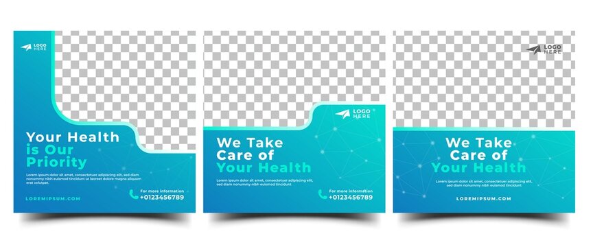Medical social media post template design collection. Editable modern square banner with gradient color, molecule illustration, and place for the photo. Usable for social media, banners, and web.