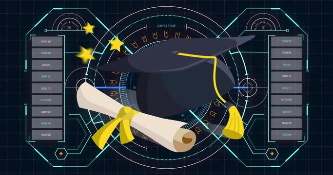 Animation of graduation hat over digital interface