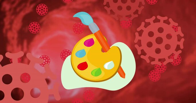 Animation of painter palette over red covid 19 cells on re background