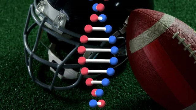 Animation of dna strand spinning over american football ball and helmet