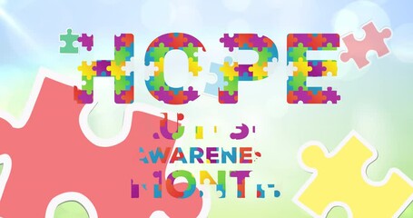 Animation of colourful puzzle pieces forming hope autism awareness month text over sky - Powered by Adobe
