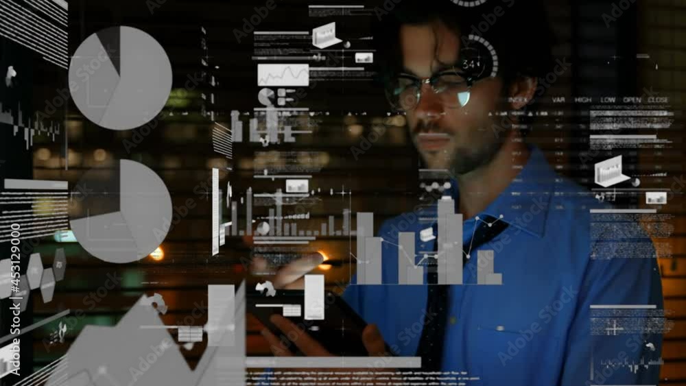 Poster animation of data processing over businessman using tablet