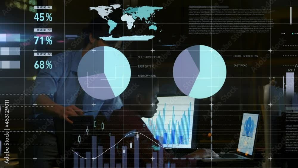 Aufkleber animation of statistics and data processing over businessmen using laptop