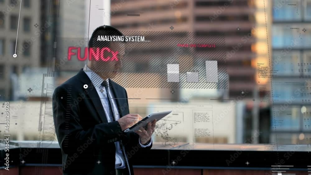 Poster animation of statistics and data processing over businessman using tablet