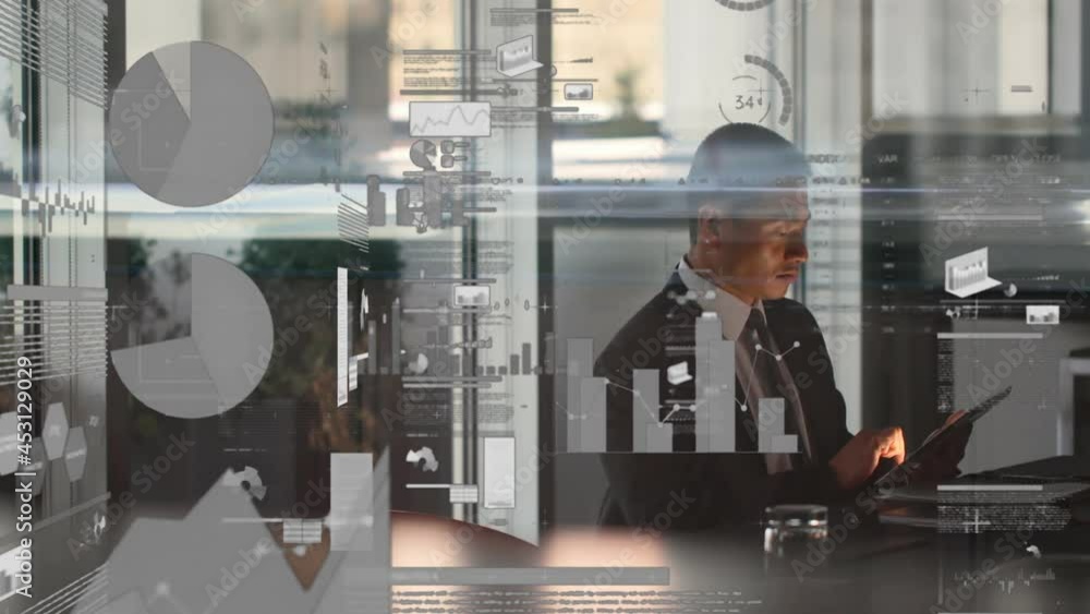 Poster animation of statistics and data processing over businessman using tablet