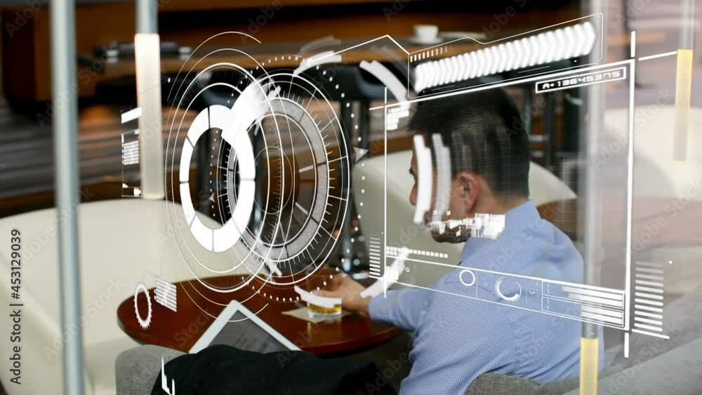 Poster animation of data processing over businessman using tablet