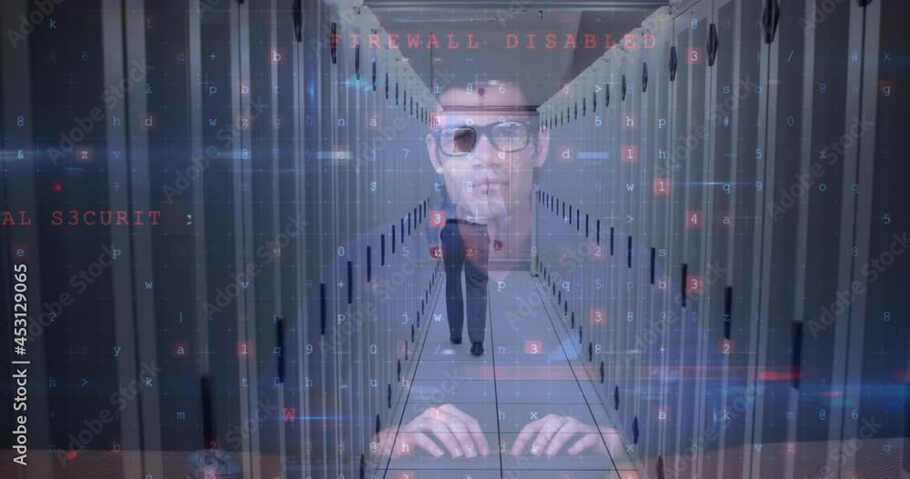 Aufkleber animation of data processing with cyber attack warning over hacker and computer servers