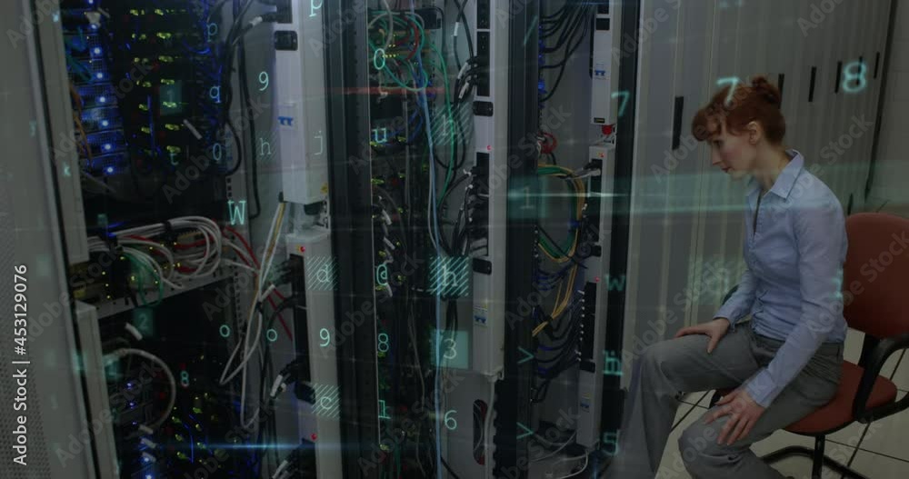 Poster animation of data processing with cyber attack warning over technician and computer servers
