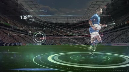 Animation of dna strand and data processing over rugby player in sports stadium - Powered by Adobe