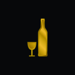 Bottle And Glass Shapes gold plated metalic icon or logo vector