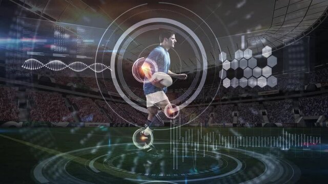 Animation of dna strand and data processing over rugby player in sports stadium - Powered by Adobe
