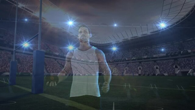 Animation of glowing spot lights over discus thrower in sports stadium