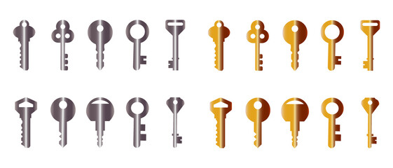 Metal gold silver keys vector icon set